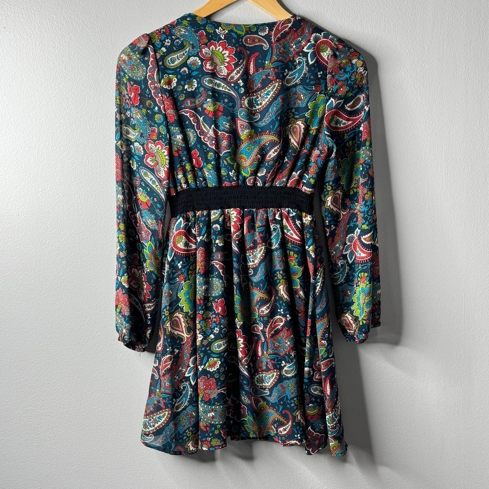 Flying Tomato Mini Dress Navy Blue Paisley Print Long Sleeves Size Extra Small - Picture 2 of 11